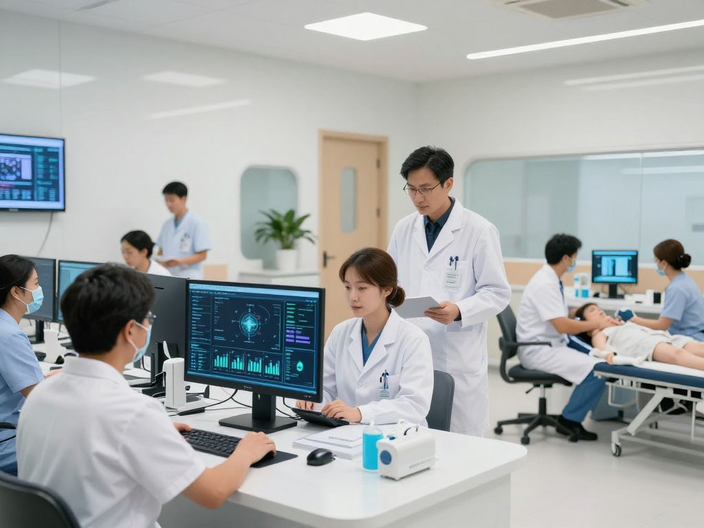 Healthcare professionals using AI technology in a modern clinic.