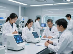 Futuristic lab setting with advanced AI smell detection technology being developed.