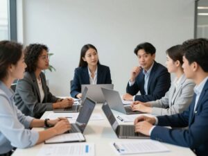 Business professionals engaged in a strategic consultation meeting.