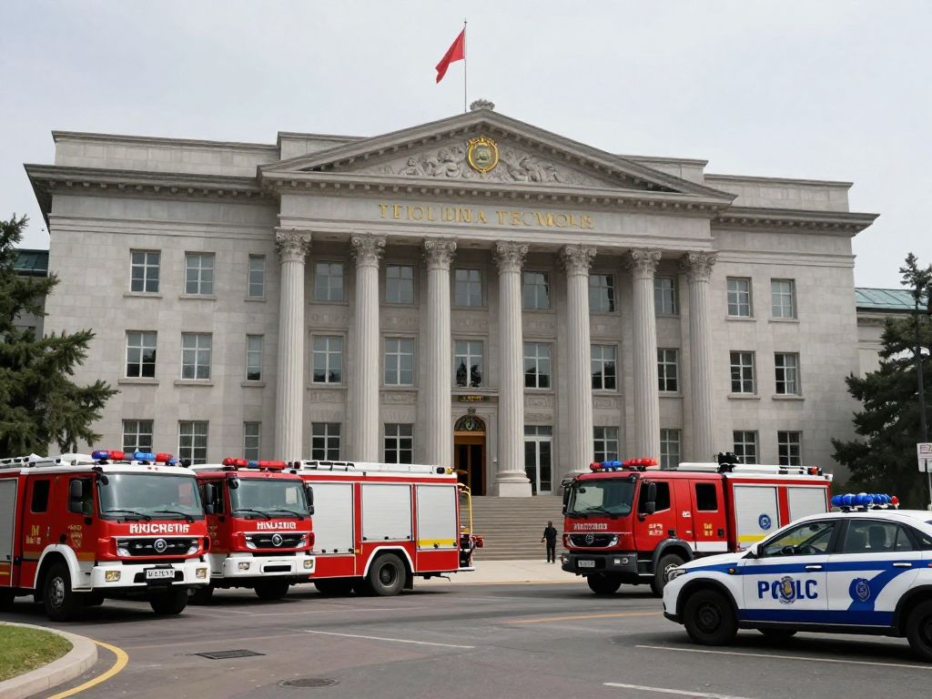 Fire trucks and police cars outside a political headquarters
