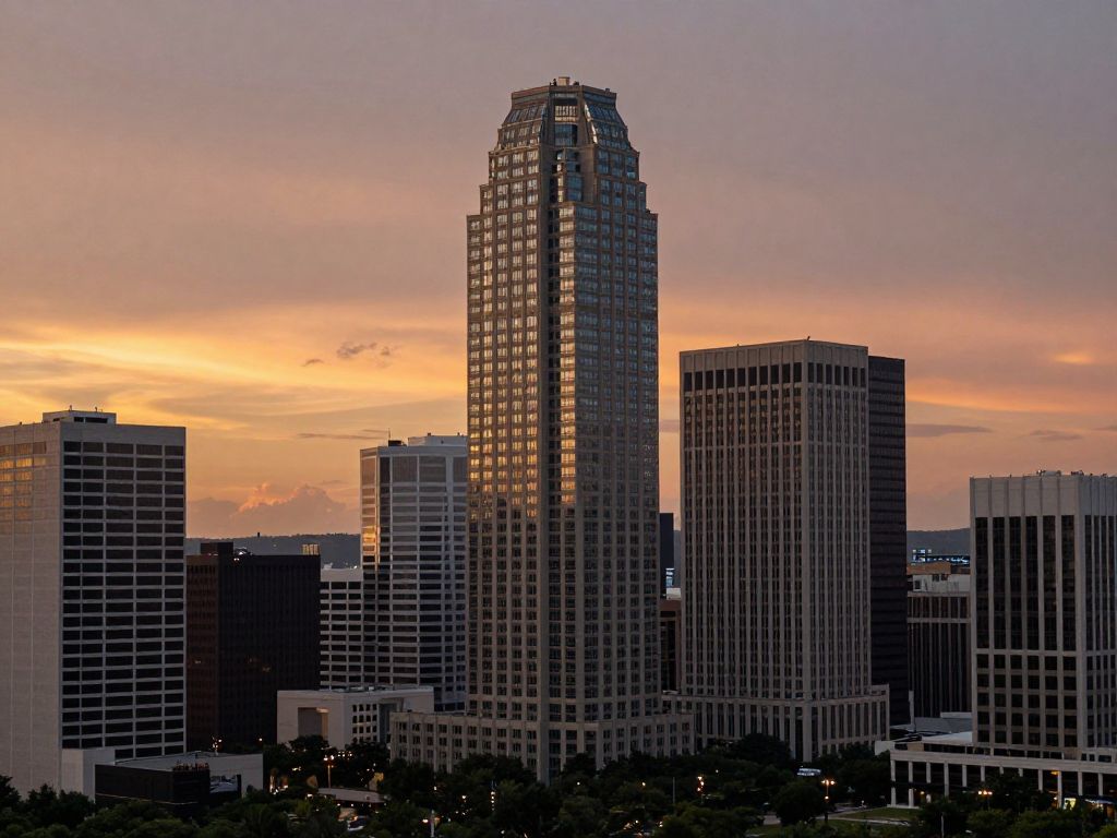 Sunset view of high-rise apartments in Austin, Texas