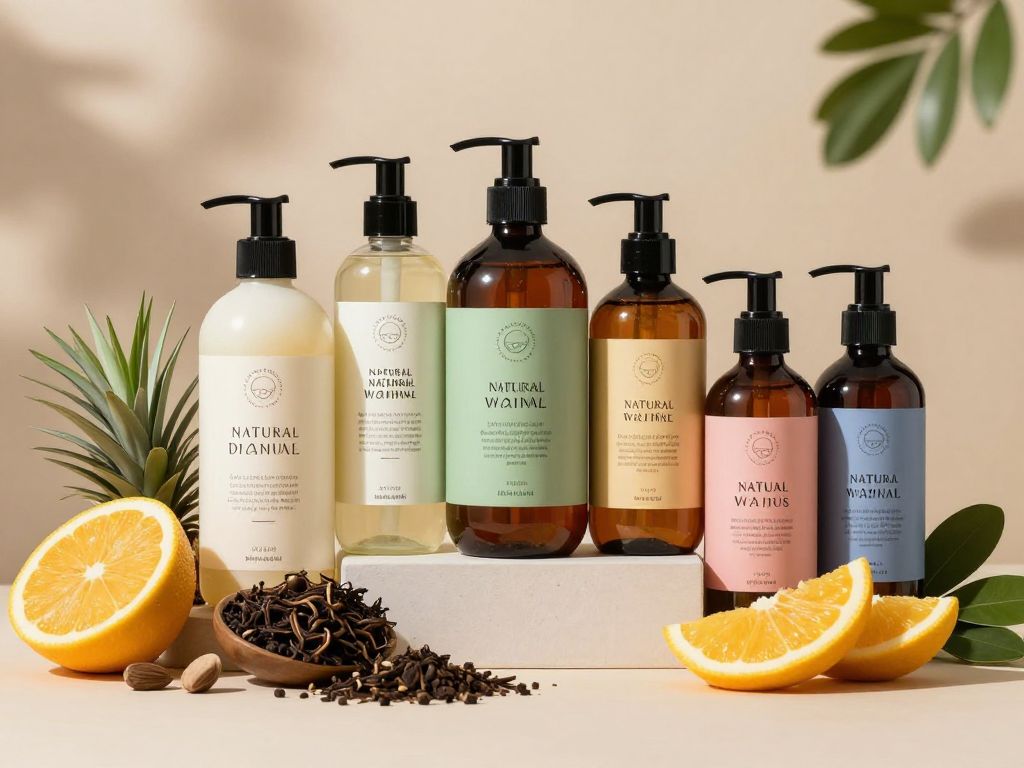 Display of Bask & Lather natural hair care products with organic ingredients