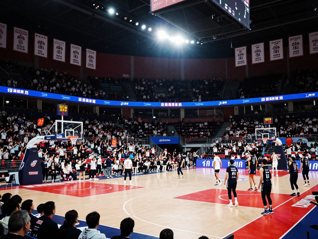 Basketball arena with cheering fans and celebration banners