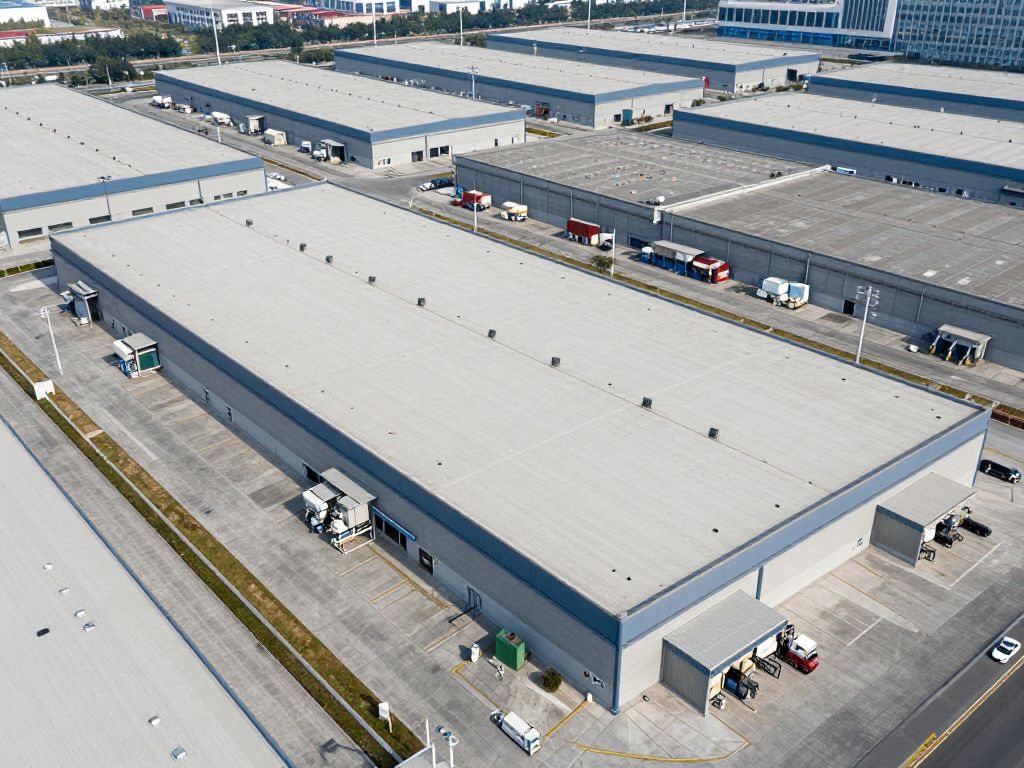 Aerial view of the Baytown industrial complex highlighting modern warehouses and logistics facilities.
