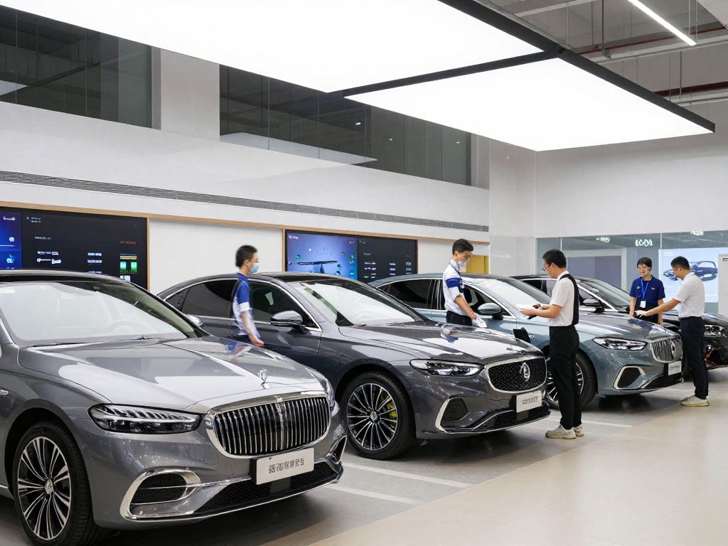 Interior of Bemer Motor Cars showcasing luxury vehicles and digital service displays