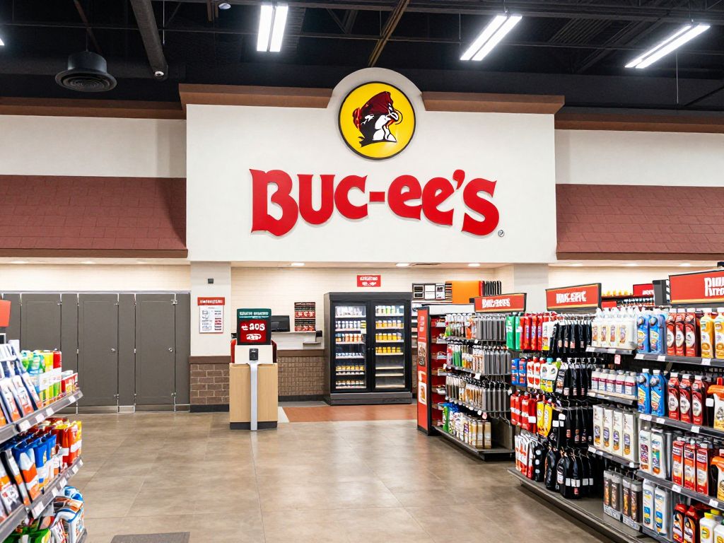 Exterior view of a Buc-ee's travel center with busy customers.