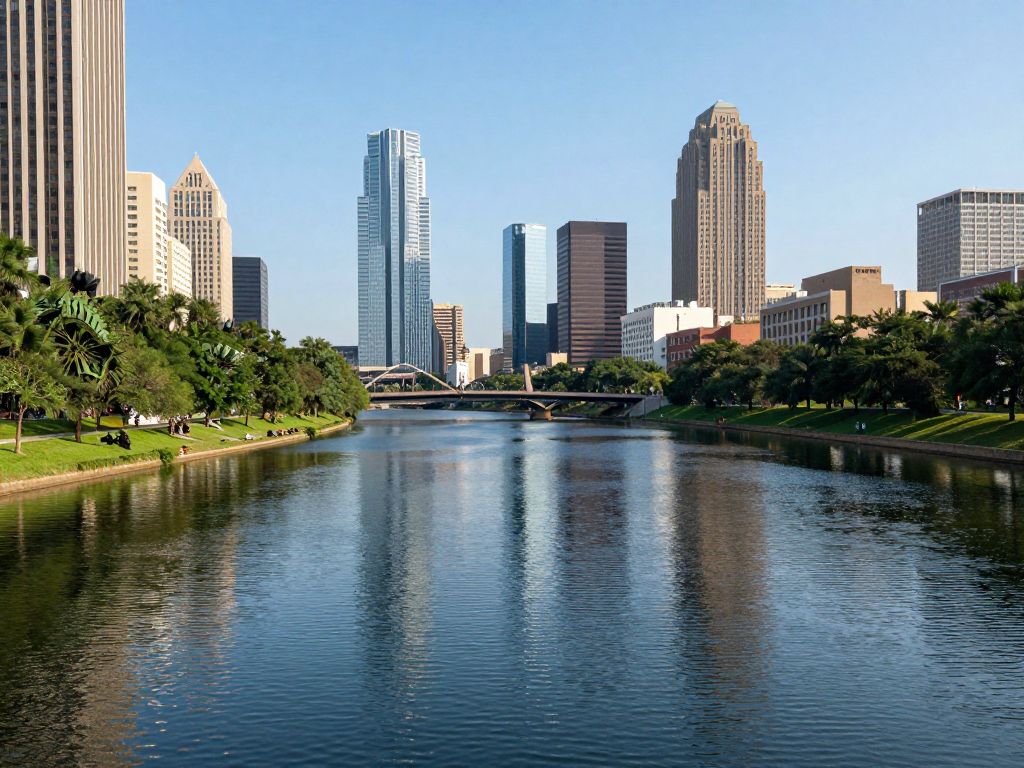 A peaceful scene of Buffalo Bayou with the Houston skyline in the background