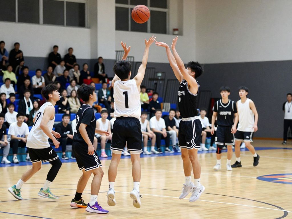 Exciting scene of Burbank Bulldogs players making three-point shots during a basketball game.