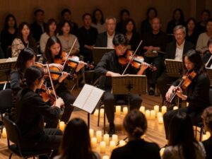 String quartet performing at a candlelit concert