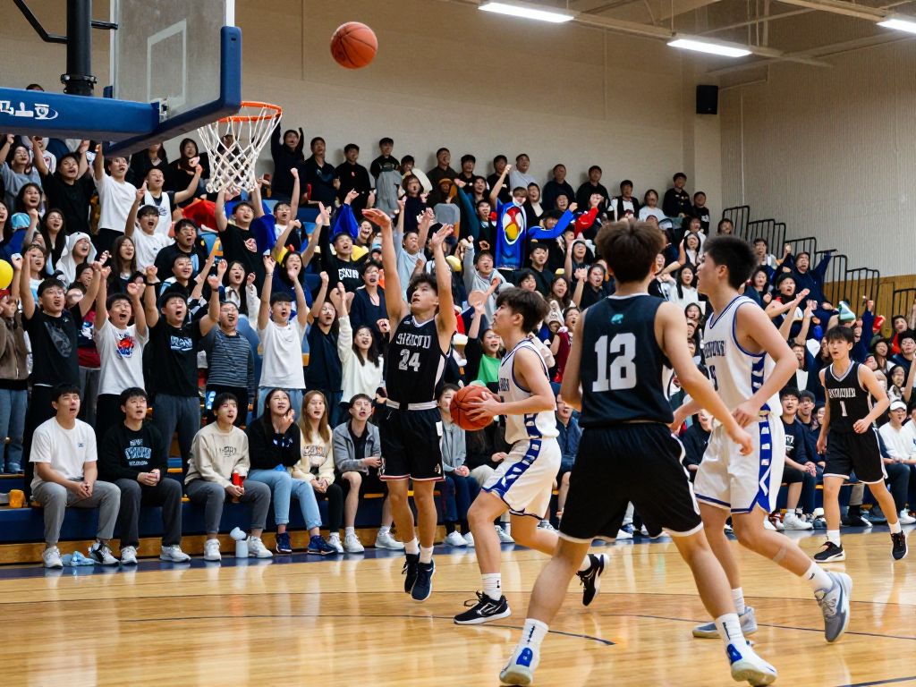 High school basketball players competing in an exciting game