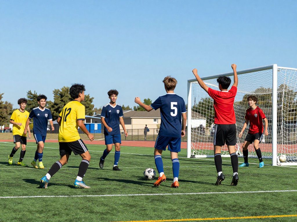 High school soccer players celebrating a goal during a match