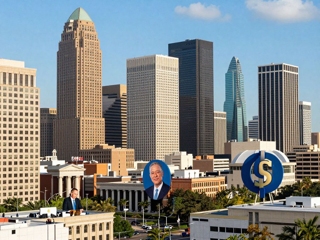 Cityscape of Houston, Austin, and San Antonio with banking elements