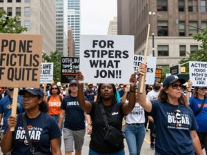 Crowd gathering in downtown Houston for a civic engagement event