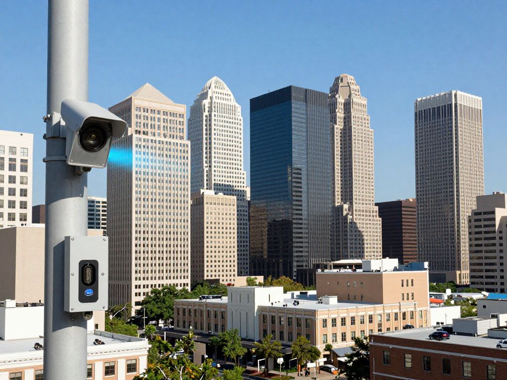 A view of Houston's commercial district with advanced security features.