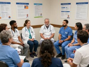 Healthcare professionals and community members discussing lupus care initiatives