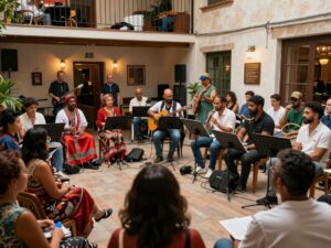 People enjoying a live music performance in Denton
