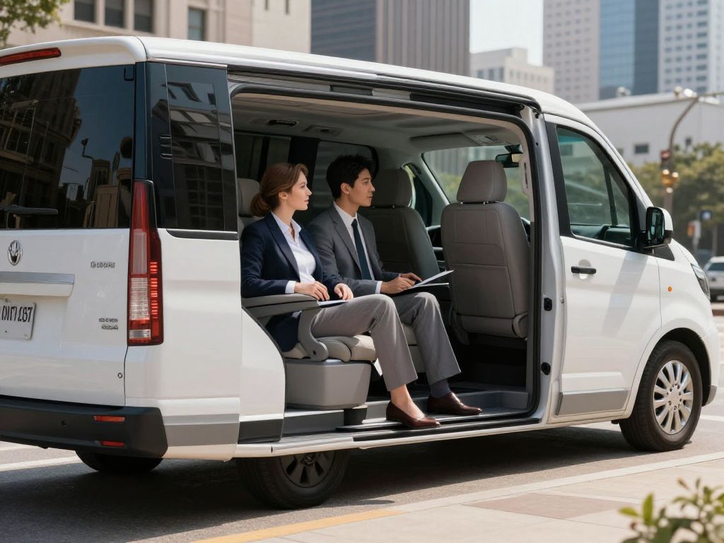 A sleek corporate vehicle parked in a busy Houston street
