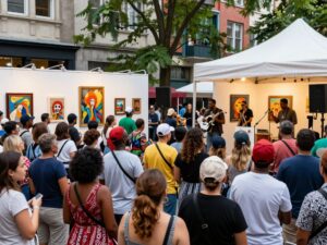 A lively scene from Houston's cultural events showcasing performances and people engaging in artistic activities.