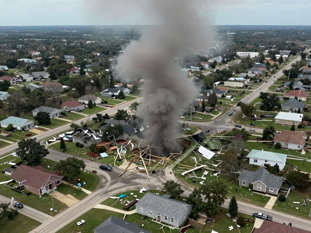 Aerial view of tornado damage in Cypress, Texas