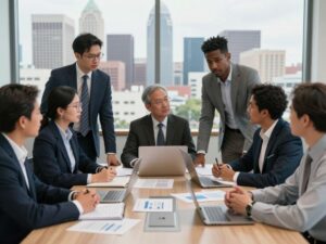 Business professionals engaged in a strategic discussion in an office.