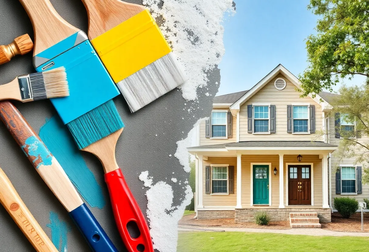 Various tools for home renovation including paint brushes and hammers in a Houston home.