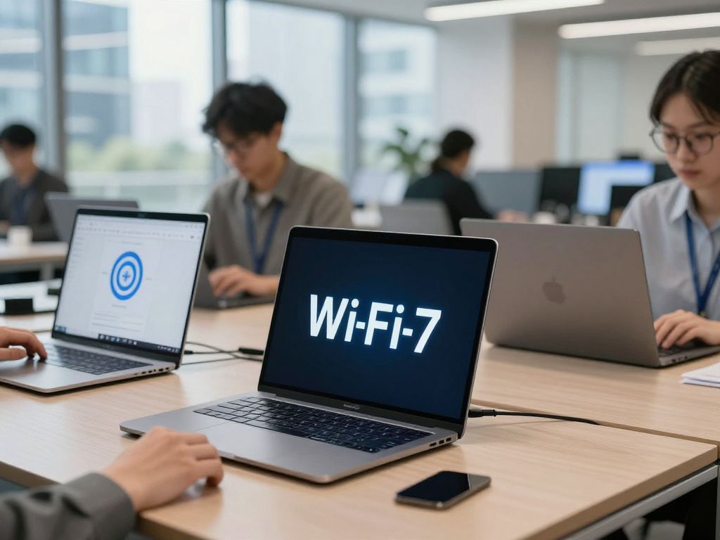 Modern office environment with devices connected to Wi-Fi 7 technology