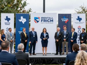 Celebration of Dunaway's 70 years of service in Texas with people and banners.