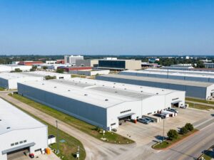 Modern industrial park in East Houston with active warehouses