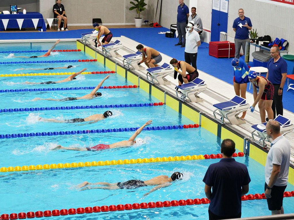 Swimming pool scene with collegiate athletes