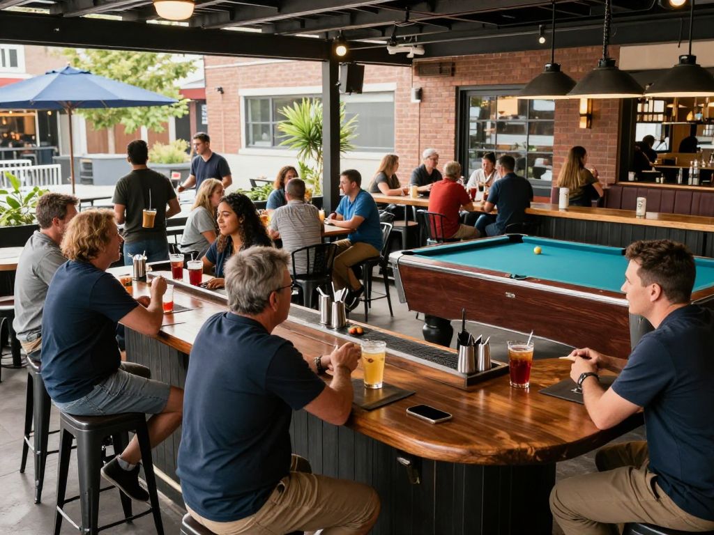 Patrons enjoying drinks and games at Edgy's Pub in Houston