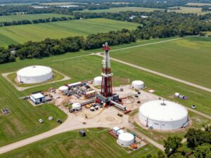 Aerial view of natural gas drilling sites in East Texas