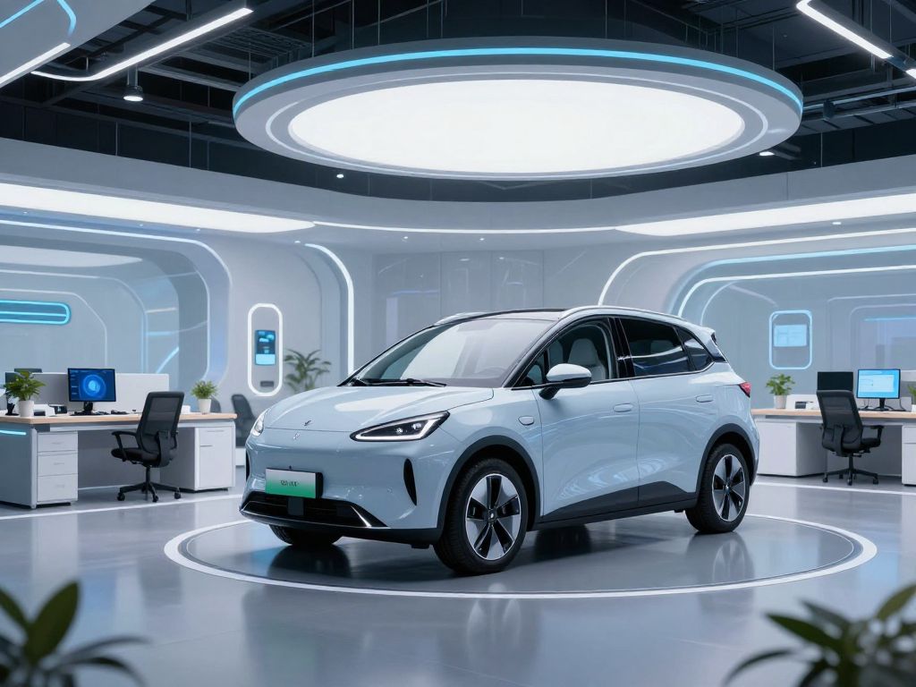Futuristic office showcasing electric vehicles and AI technologies