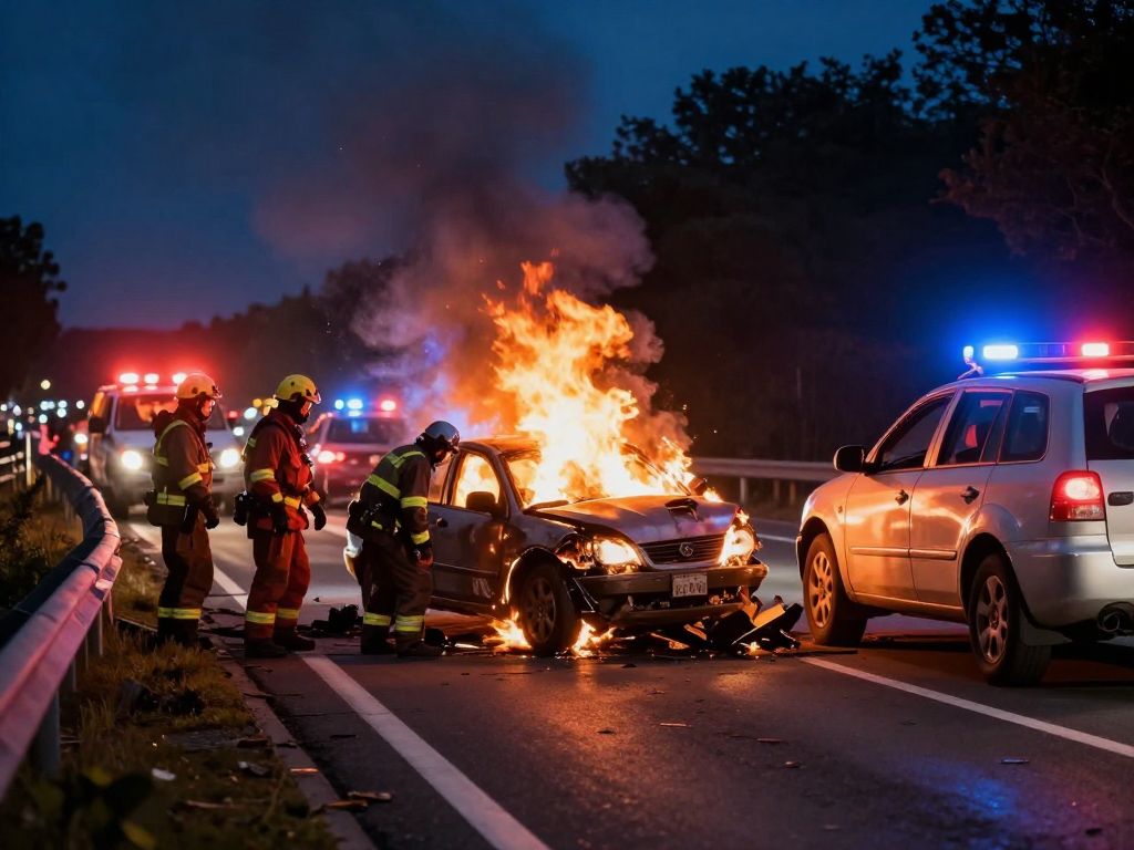 Fiery crash scene on highway with emergency responders