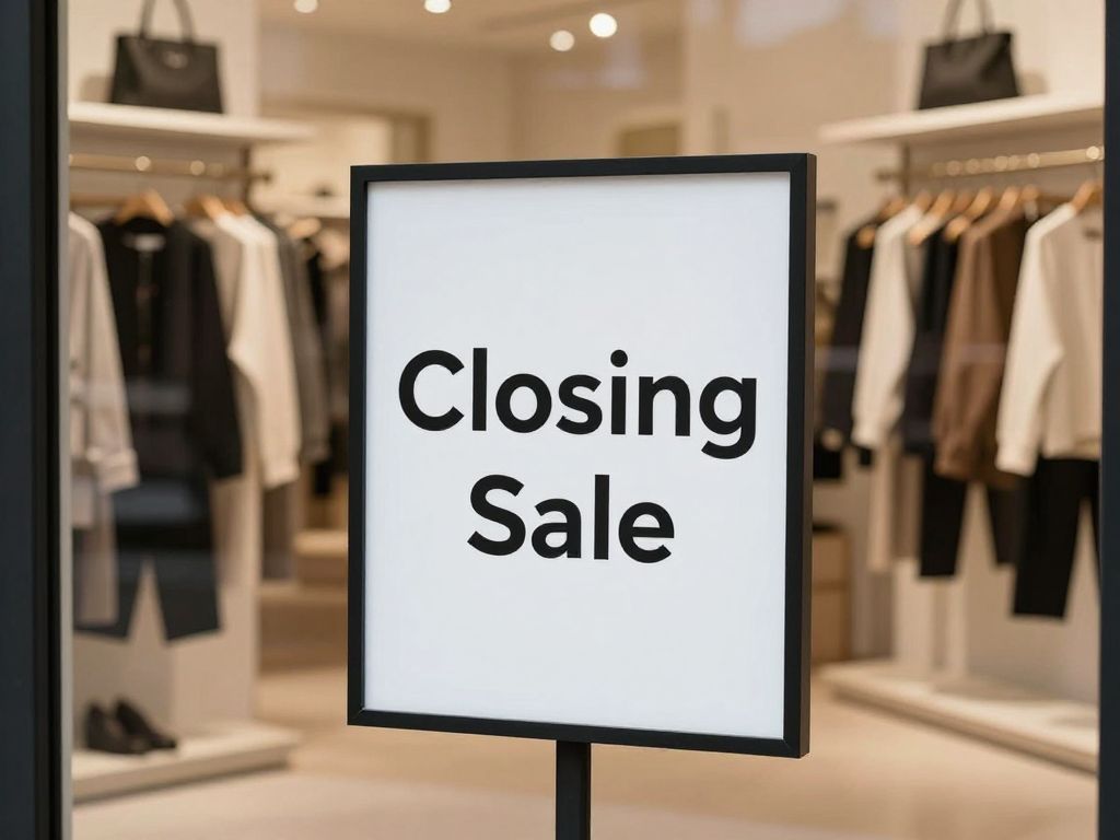 Francesca's boutique sign announcing closure with empty shelves