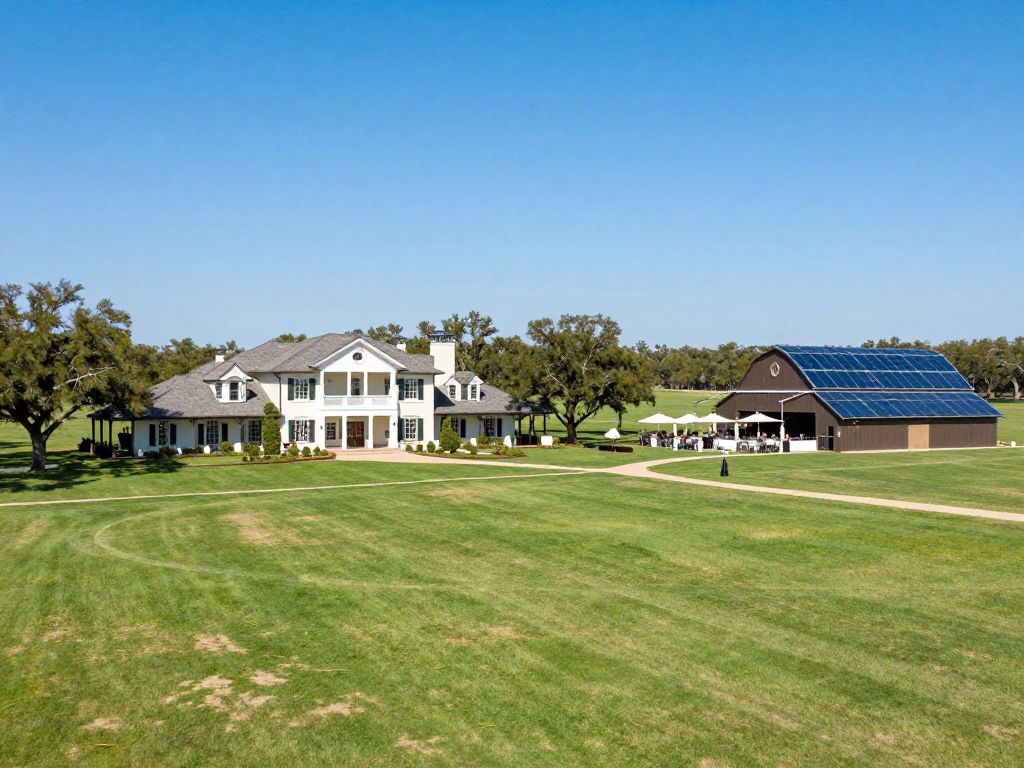 Luxury off-grid ranch in Texas with solar panels and spacious grounds.