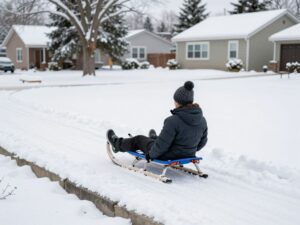 A sled near a curb in a snowy area, illustrating sledding safety concerns.