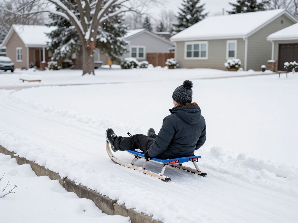 A sled near a curb in a snowy area, illustrating sledding safety concerns.