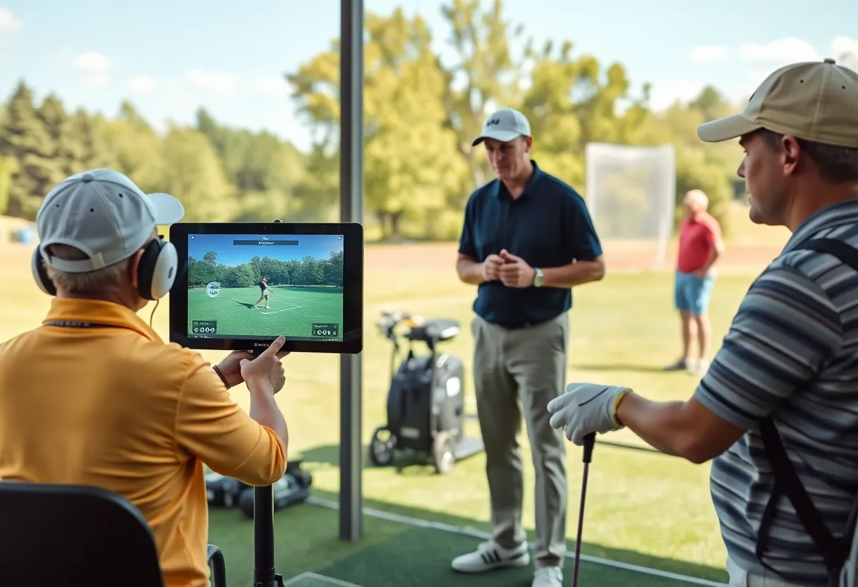 Golfers using technology for virtual instruction on the driving range