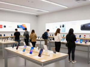 Interior view of Google's retail store at The Galleria in Houston with customers exploring products.