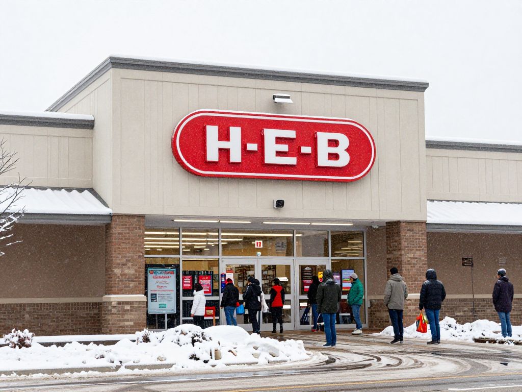 H-E-B store entrance during winter weather with snow on the ground and shoppers carrying groceries.