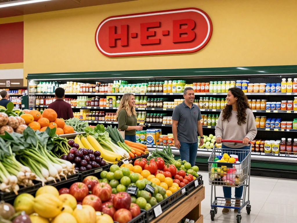 H-E-B grocery store interior filled with customers and fresh products.