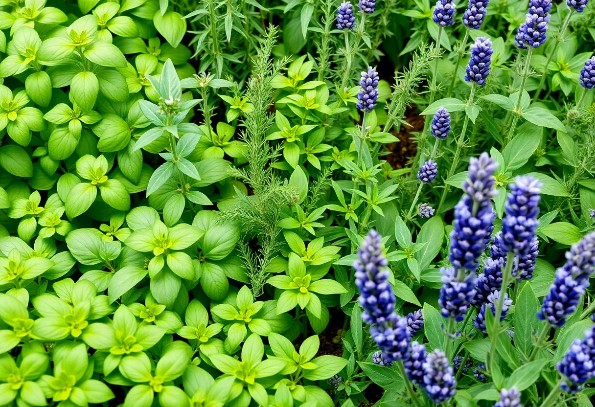 A garden displaying various herbs suitable for Houston, including basil, rosemary, and thyme.