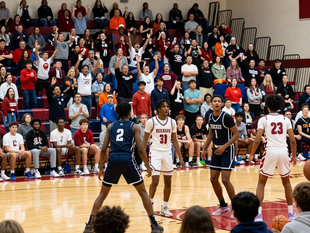 Players from South Grand Prairie and Sam Houston competing in a high school basketball game