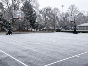 Frozen basketball court symbolizing HISD's response to winter conditions.