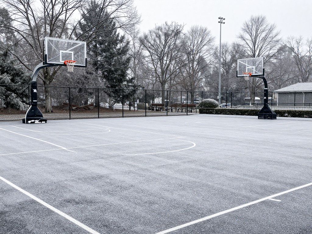 Frozen basketball court symbolizing HISD's response to winter conditions.