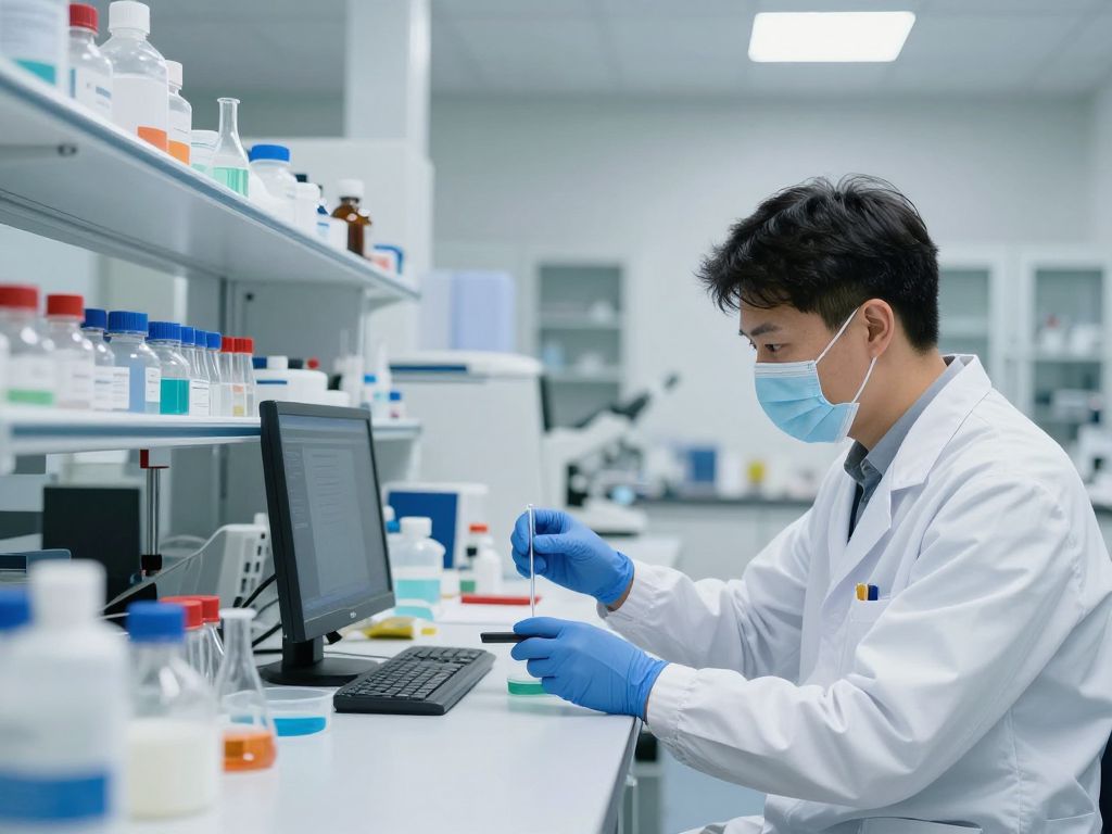 Scientists in a biotech laboratory conducting research.