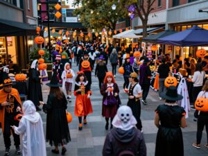 A lively Halloween event featuring attendees in costumes at Hottieween in Houston