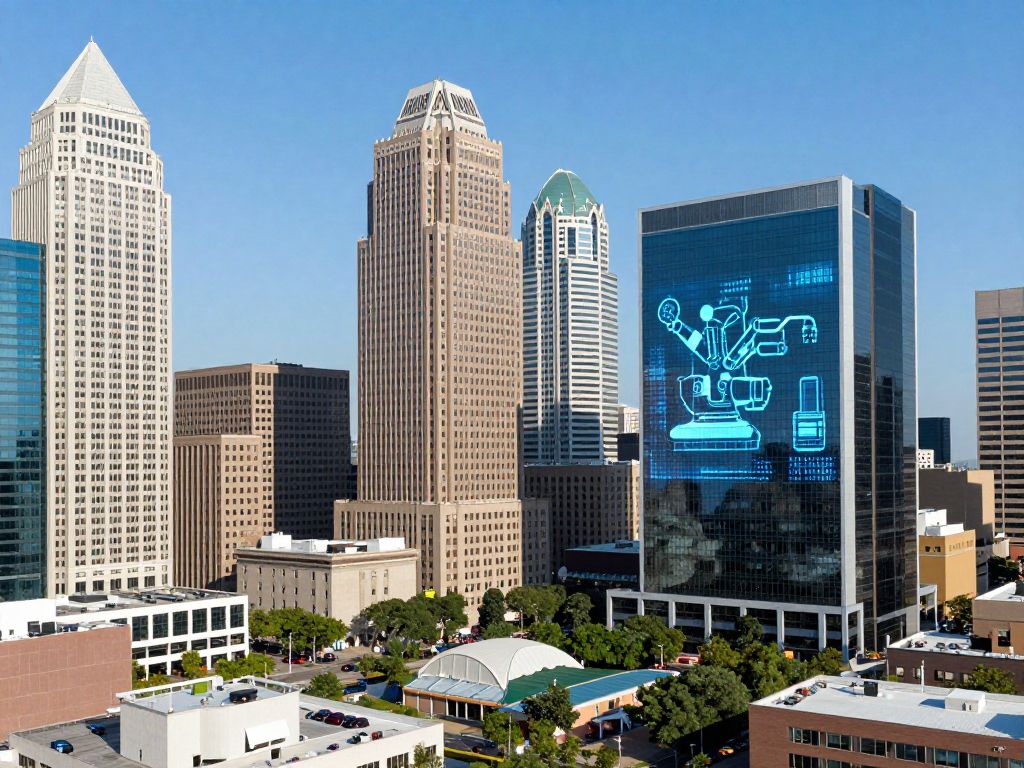 Cityscape of Houston showcasing corporate buildings and digital themes of automation.