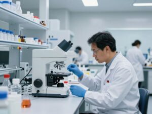 Scientists in a laboratory conducting research on Frontotemporal Dementia treatment.