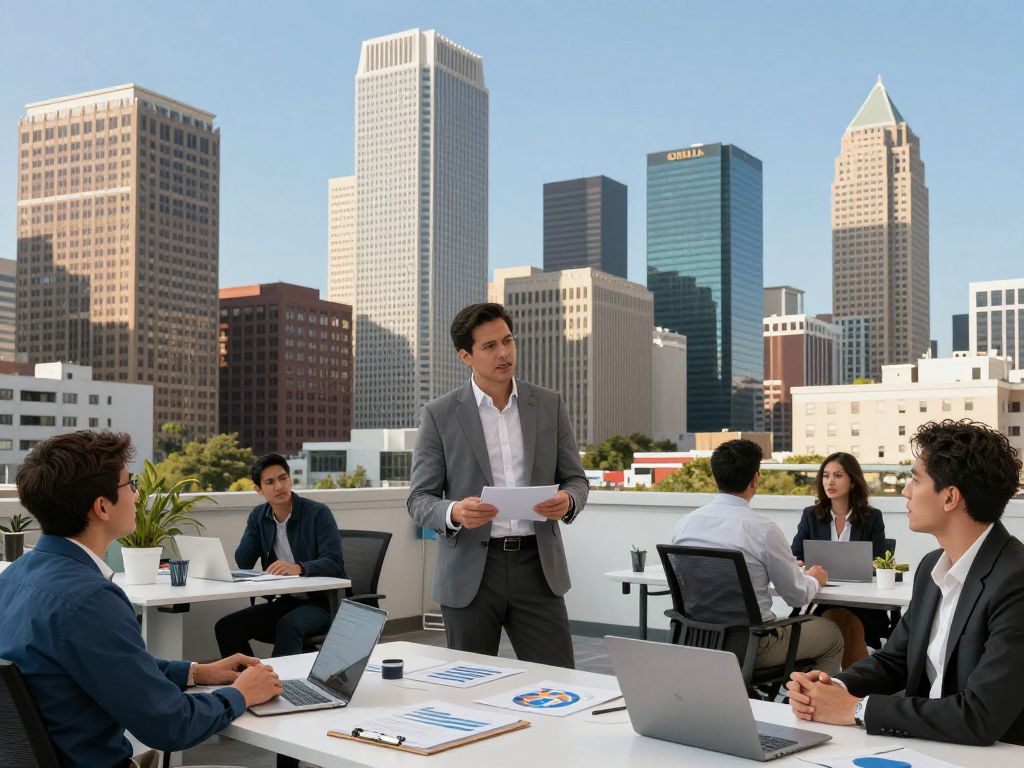 Entrepreneurs strategizing in front of Houston's skyline